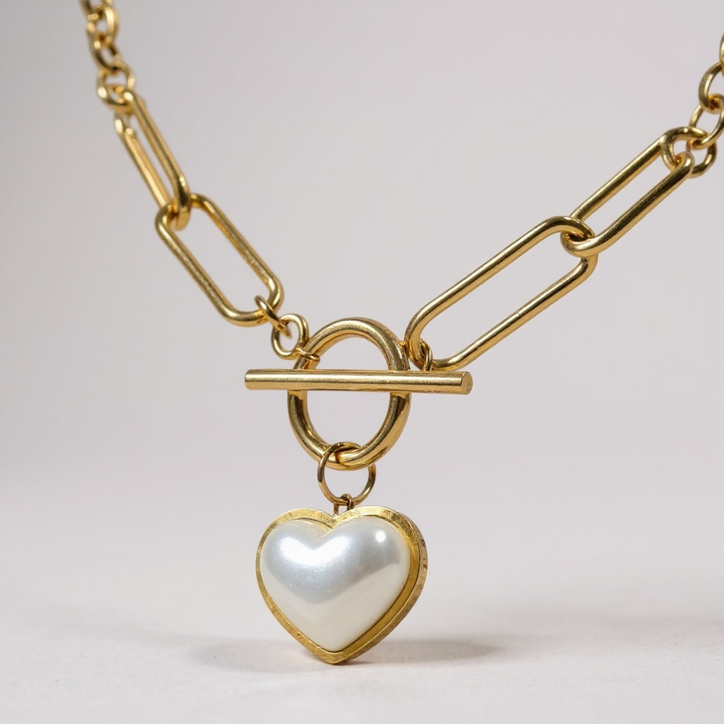 Gold Chain Necklace with Pearl Heart Pendant – Modern Toggle Design