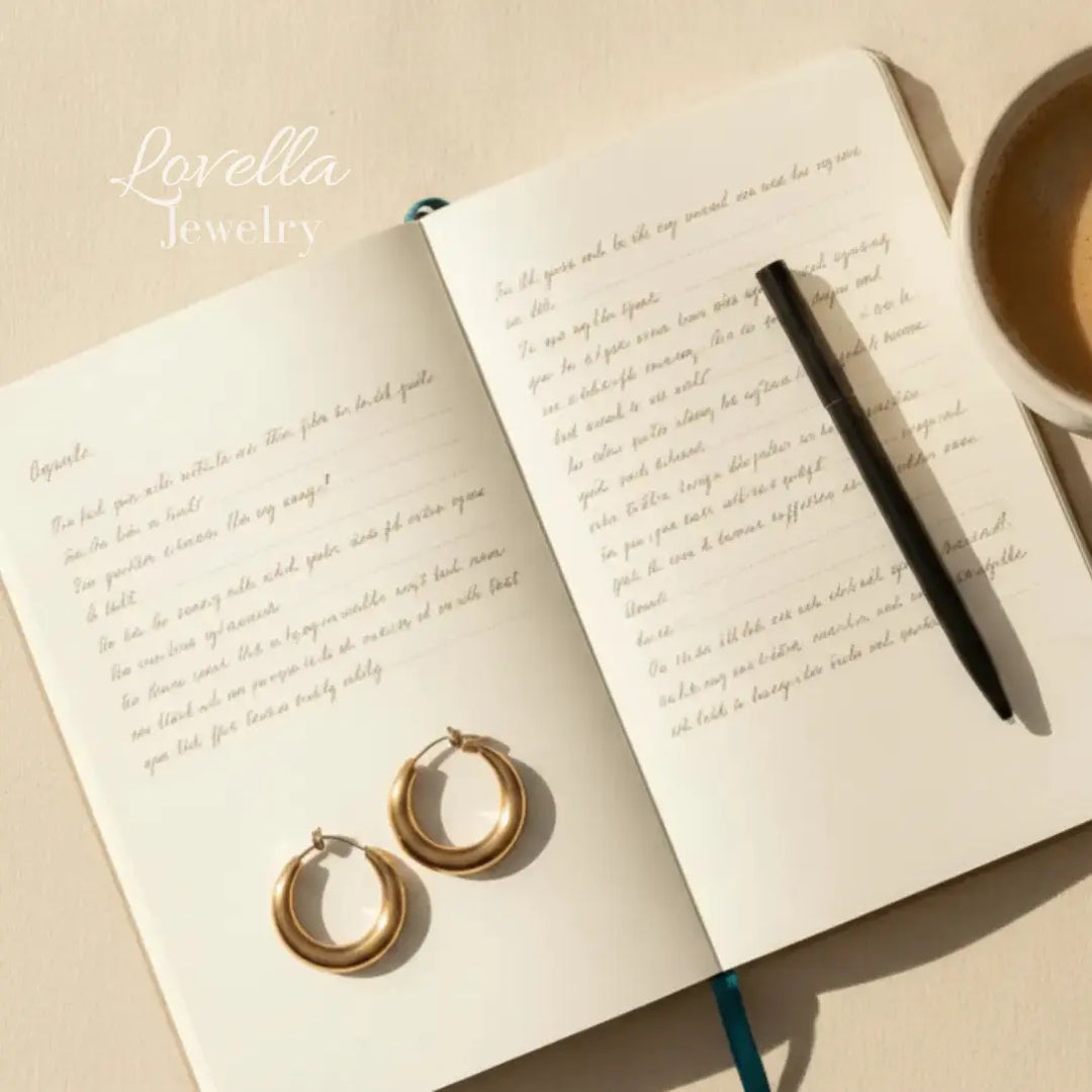 Flat lay of a morning coffee next to an open notebook with handwritten goals and gold hoop earrings on a warm cream surface, with soft natural light and space for a headline.