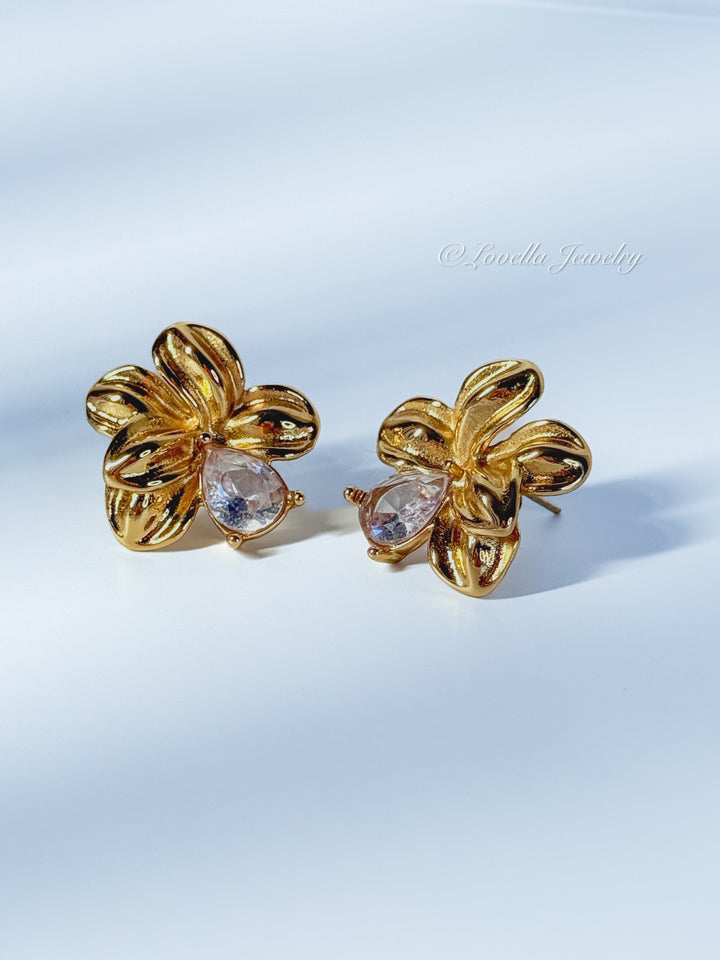 Golden Blossom Earrings with Crystal Teardrop