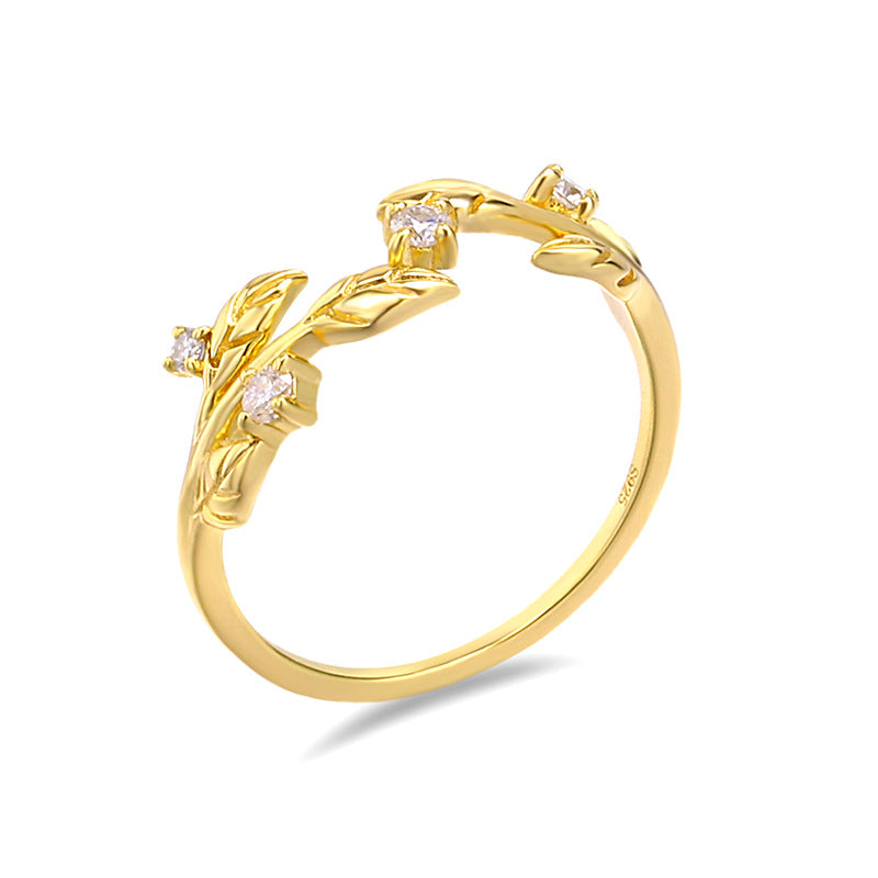 Sterling Silver Gold-plated Hollowed-out Leaf Set Ring