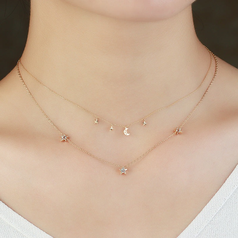 Celestial Charm: Golden Layered Star and Moon Necklace