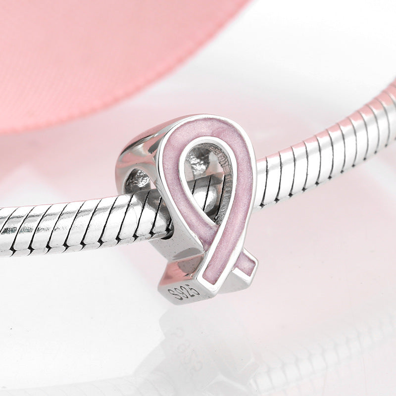 925 Sterling Silver Pink Ribbon Breast Cancer Charm with Enamel