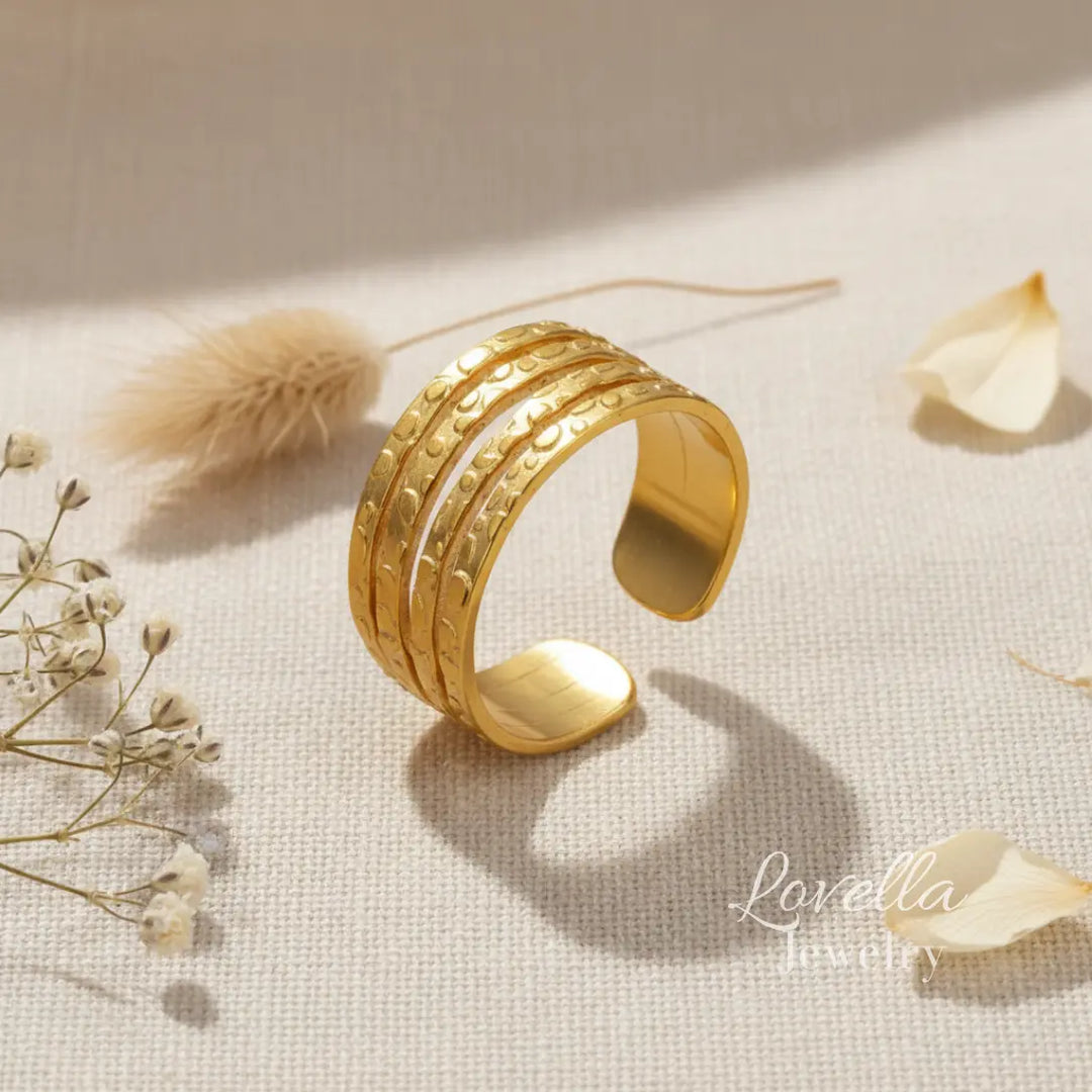 Golden Textured Multi-Band Ring