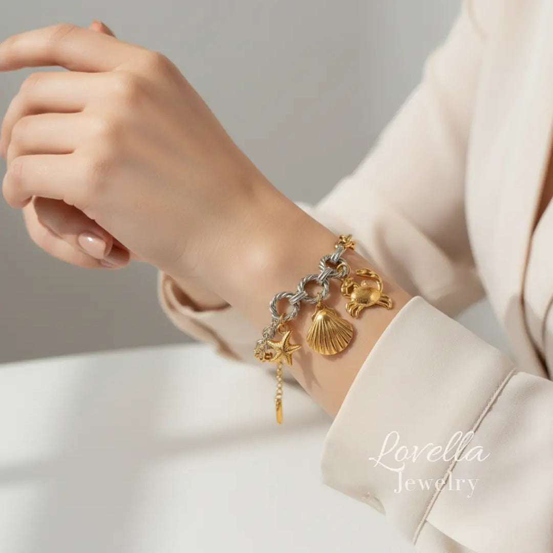 Ocean Charm Two-Tone Chain Bracelet (Starfish, Shell & Crab)
