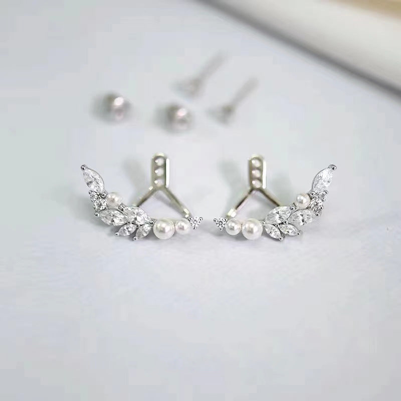 Nature's Elegance: Pearl and Leaf Design Sterling Silver Climber Earrings