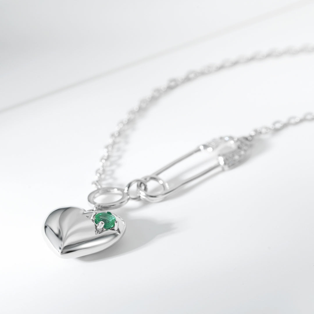 Chic Safety Pin & Heart Pendant Necklace with Green Crystal