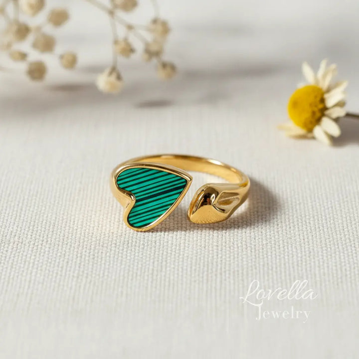 Striped heart enamel ring in gold with emerald green detail, adjustable fit  