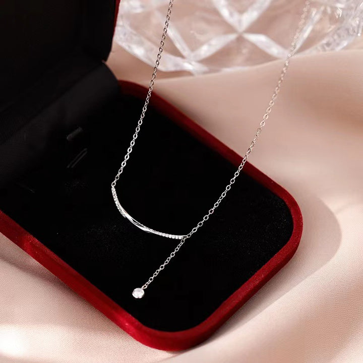 Sterling Silver Curved Bar Necklace with Crystal Dangle