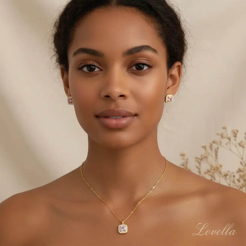 Pink Sparkle Square Set (Necklace + Stud Earrings) — Gold