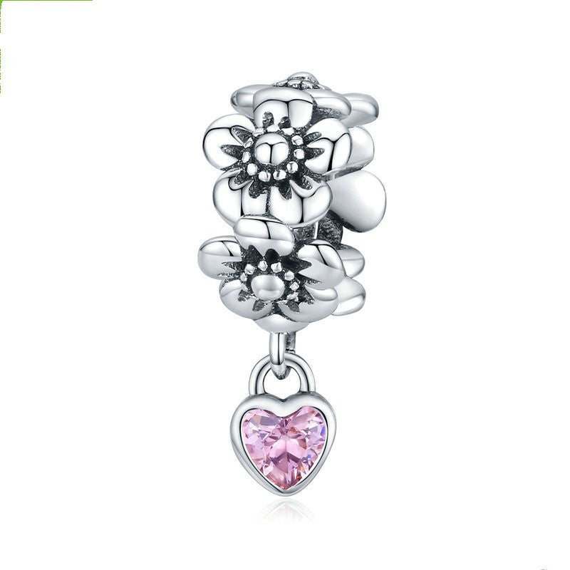 Charm Plata Flores Plata Corazón Rosa