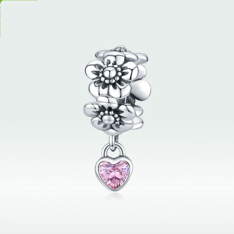 Silver Flowers Pink Heart Silver Charm