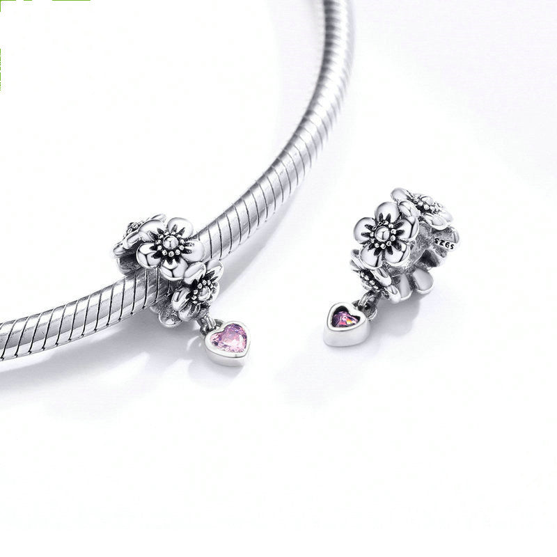 Silver Flowers Pink Heart Silver Charm