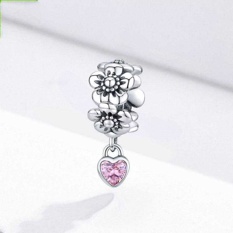 Silver Flowers Pink Heart Silver Charm