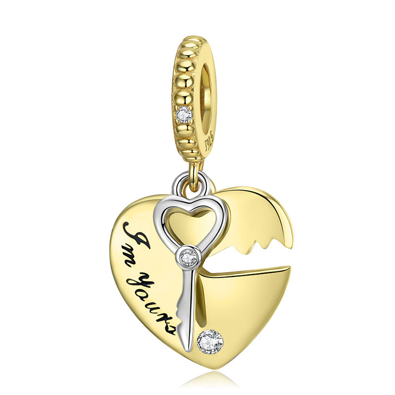 Charm de plata de ley S925 con llave de bloqueo de corazón