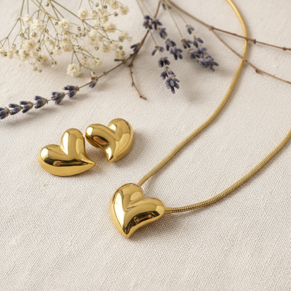 Gold Puffy Heart Necklace & Stud Earrings Set