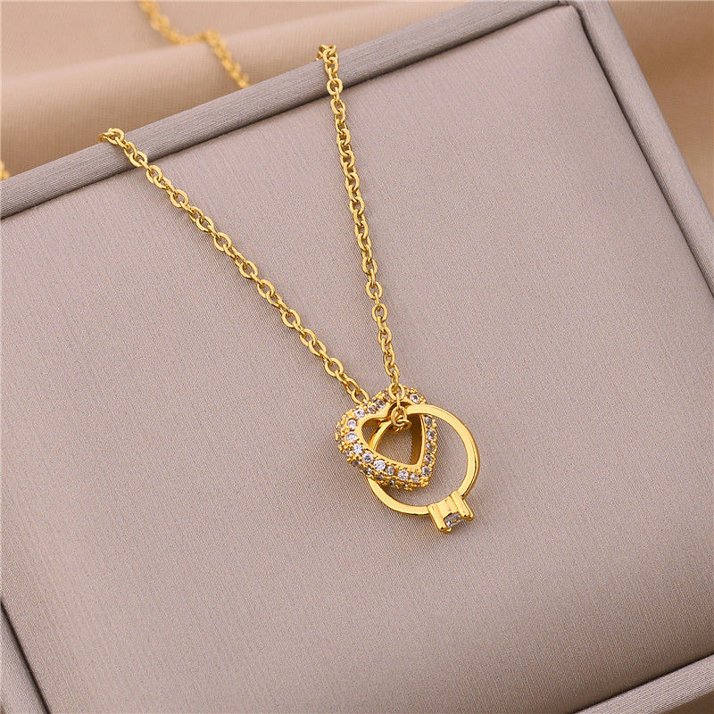 Gold Stainless Steel Circle Pendant with Crystal Accents