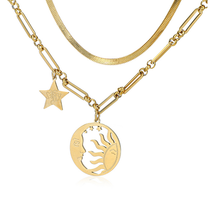 Collar con colgante de cara de sol y luna de doble capa con dije de estrella