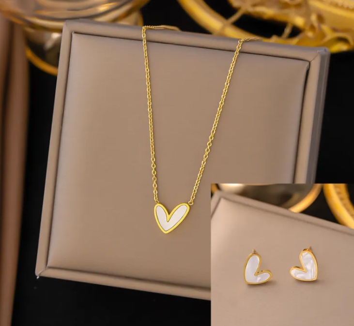 Gold Heart Necklace & Earrings Set – Stainless Steel with Enamel Detail