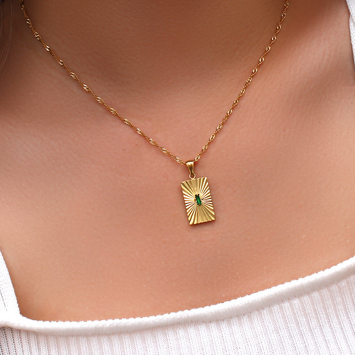 18k Gold Plated Stainless Steel Necklace with Rectangular Pendant and Cubic Zirconia