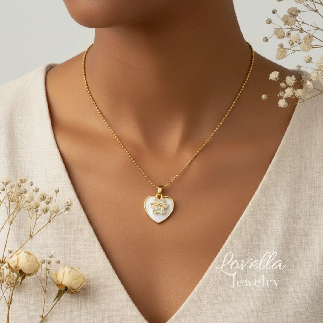Paw Print Heart Necklace (Gold + White)