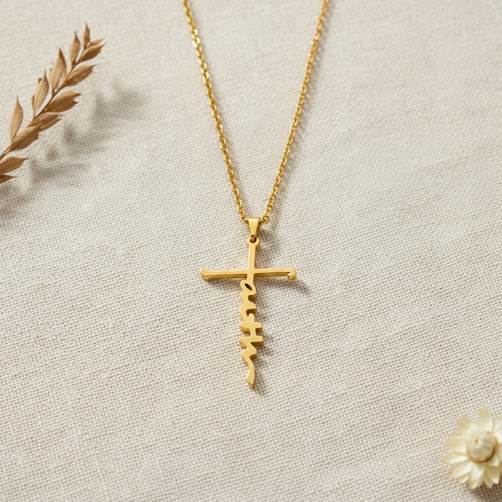 Golden 'Faith' Cross Pendant Necklace