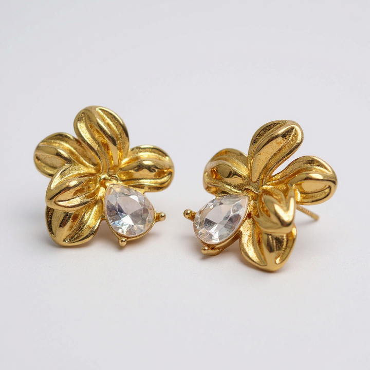 Golden Blossom Earrings with Crystal Teardrop
