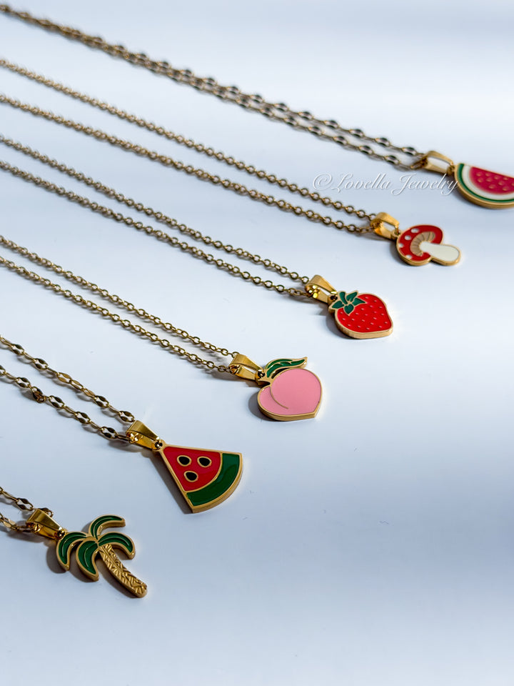 Tropical Fruit Charm Necklace – Gold Tone Stainless Steel
