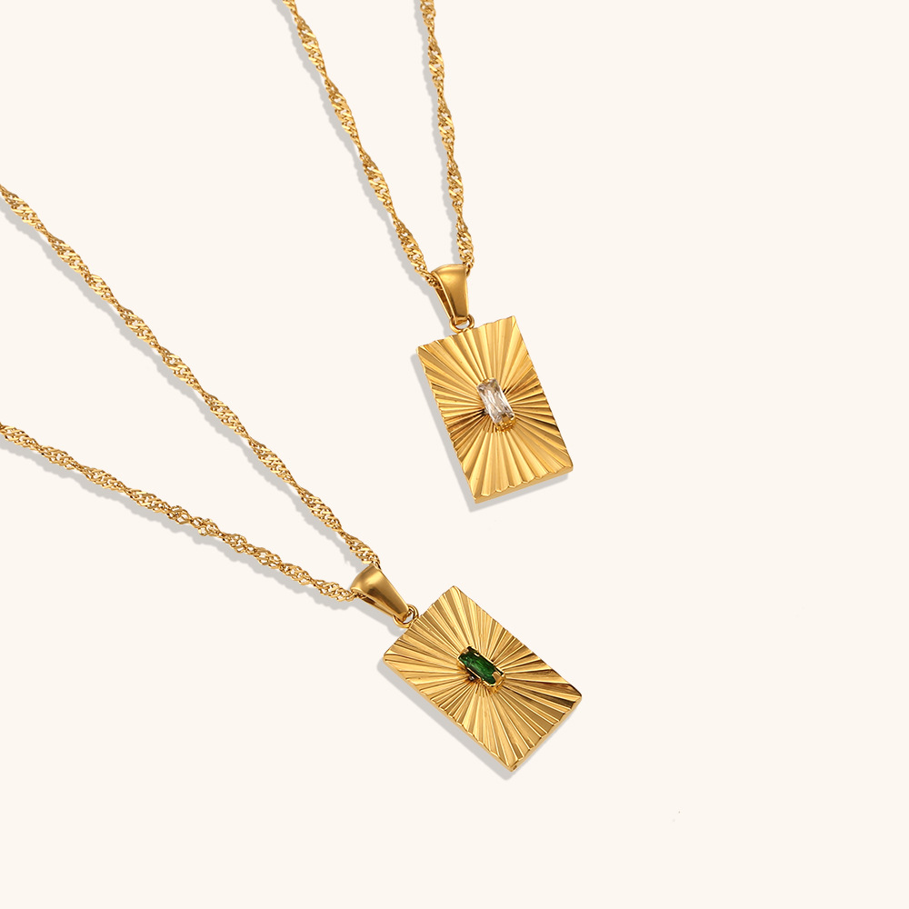 18k Gold Plated Stainless Steel Necklace with Rectangular Pendant and Cubic Zirconia