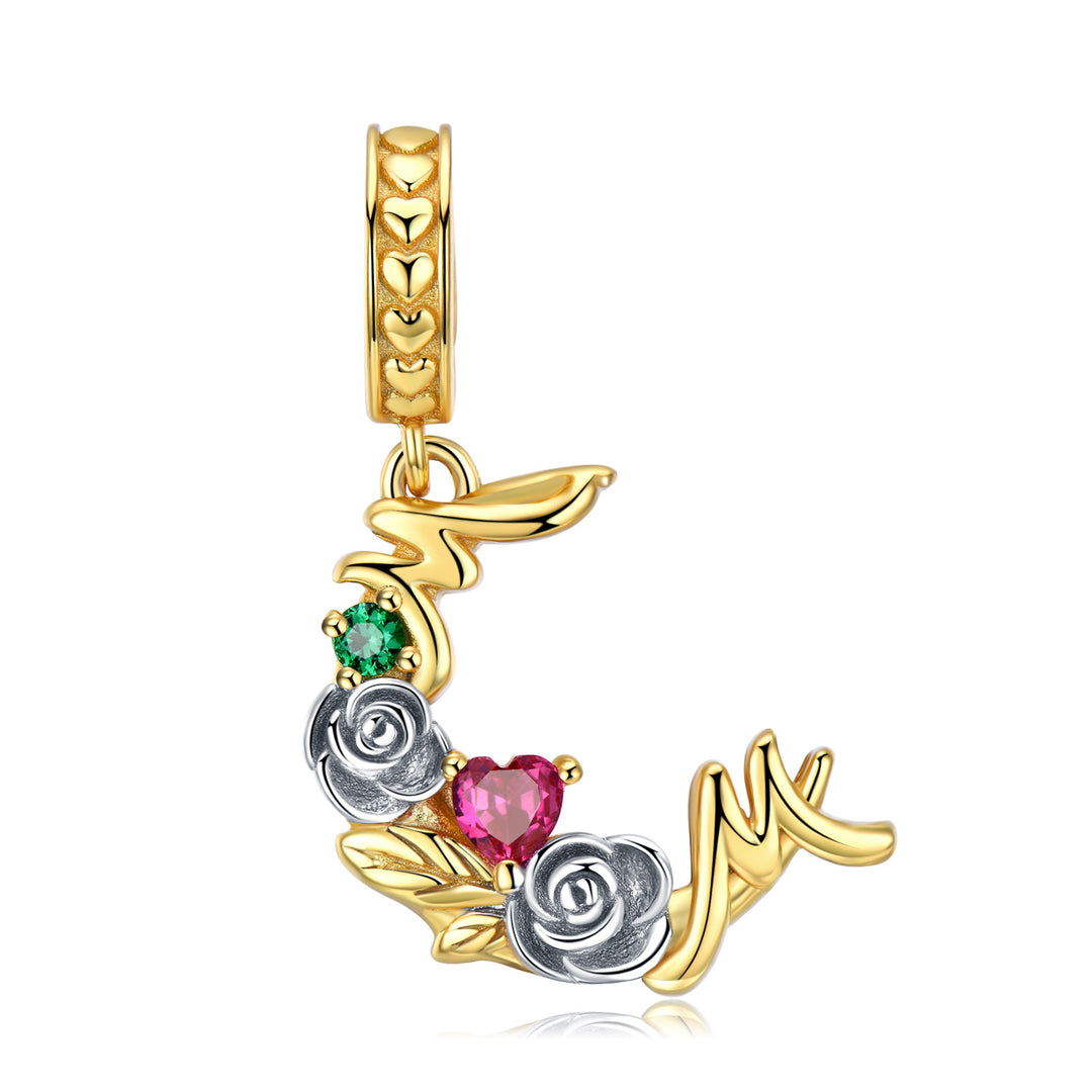 Charm de plata de ley con forma de luna y flor de madre