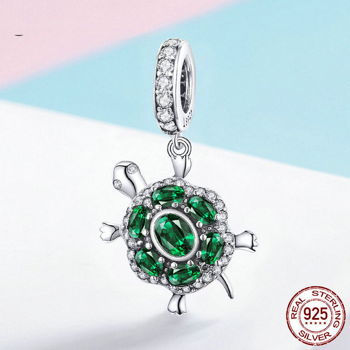 Sterling Silver Turtle Charm with Green Crystals