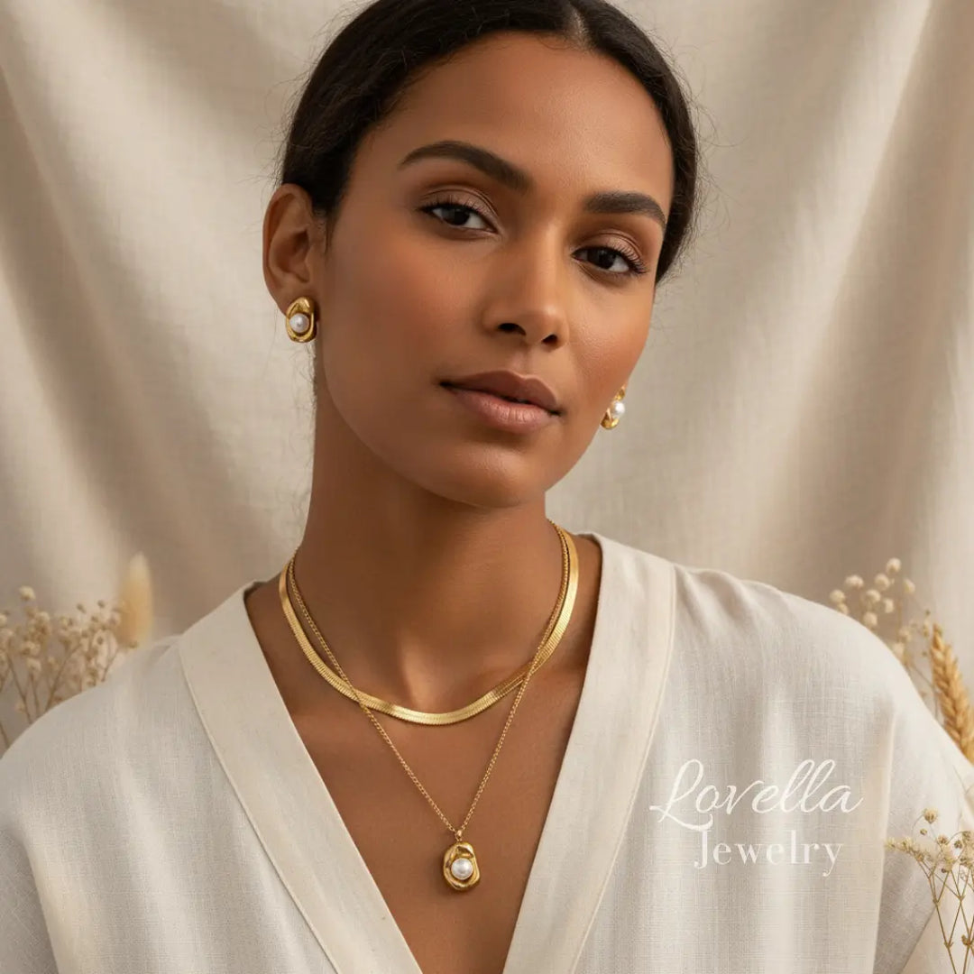 Molten Pearl Set (Gold) — Layered Necklace + Stud Earrings