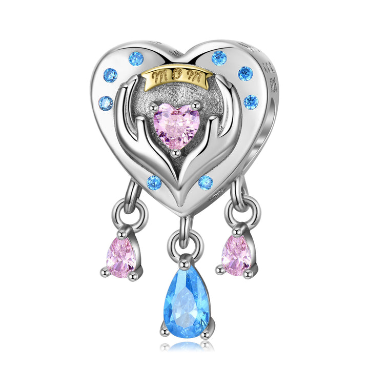 Radiant 'Mom' Heart Charm with Dangling Gemstones