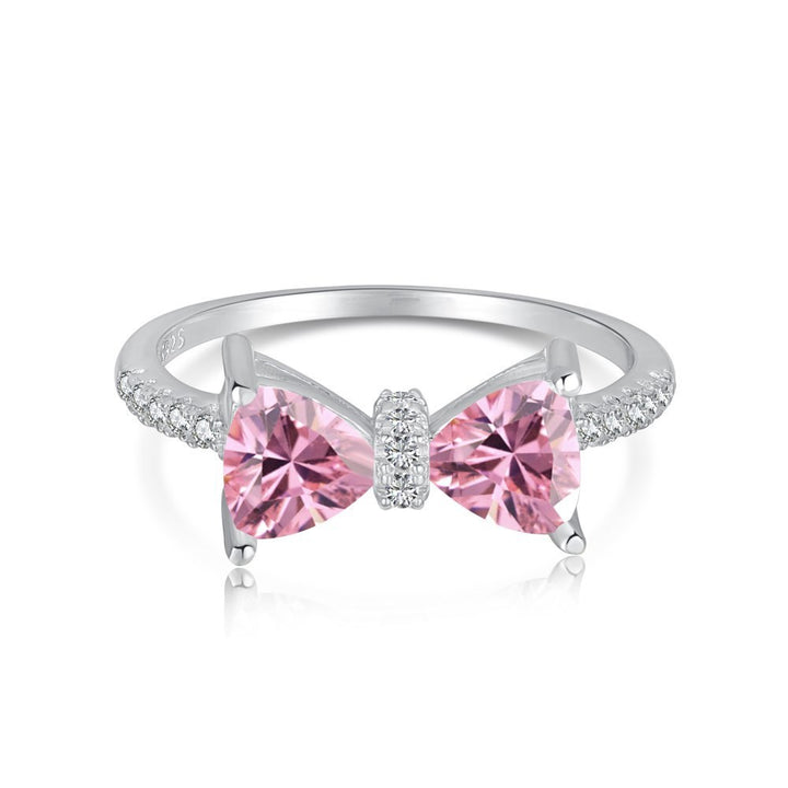 925 Sterling Silver Bow Ring with Pink Cubic Zirconia and Pavé Details