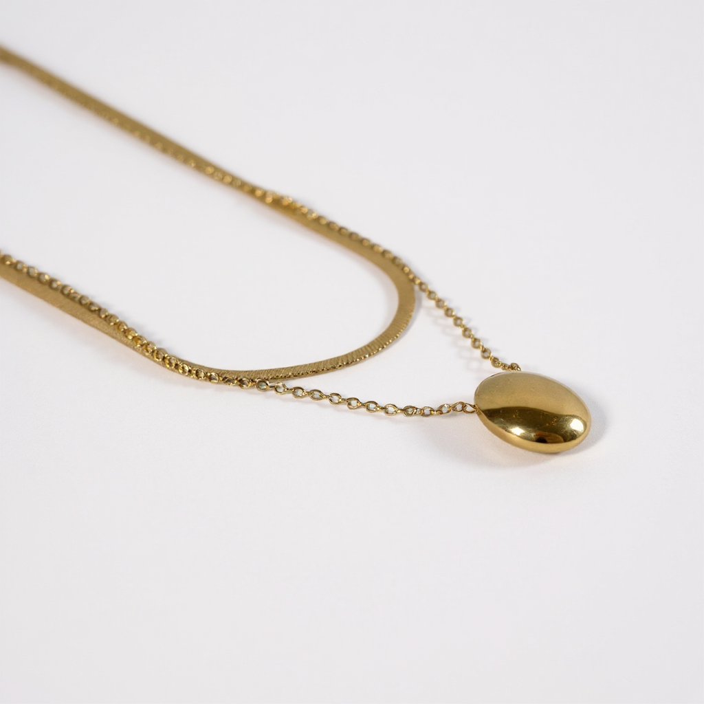 Oval Pendant Layered Necklace – Gold Stainless Steel