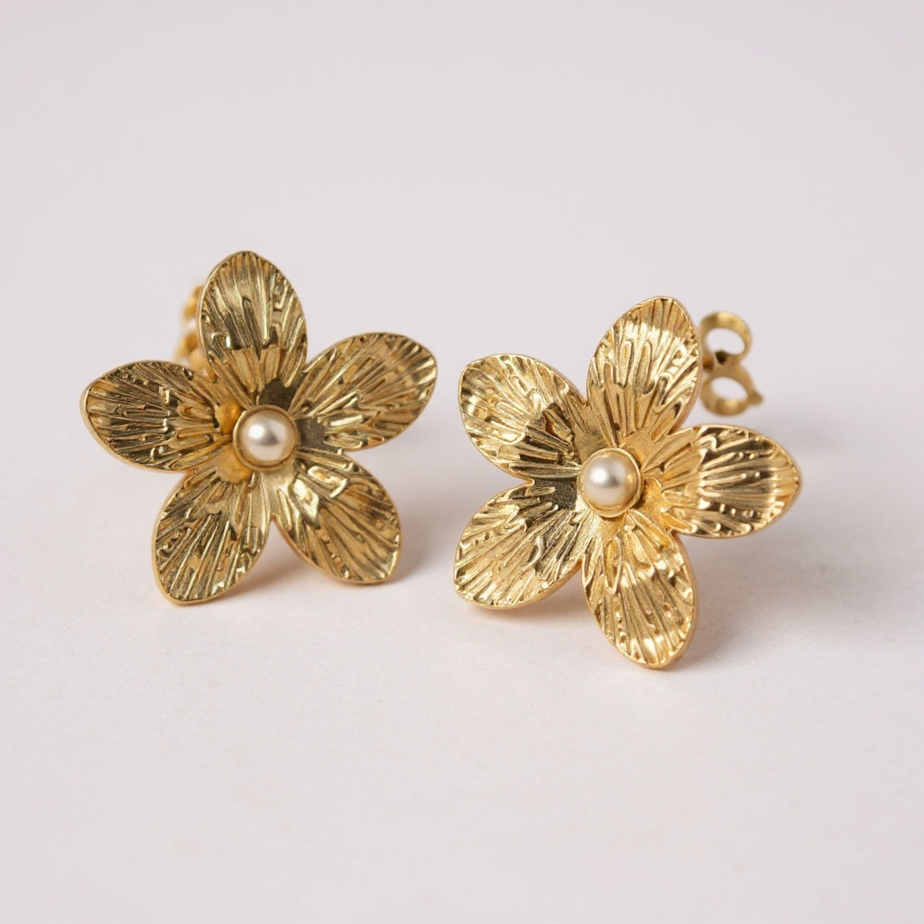 Pendientes de flor dorada con perla – Acero inoxidable