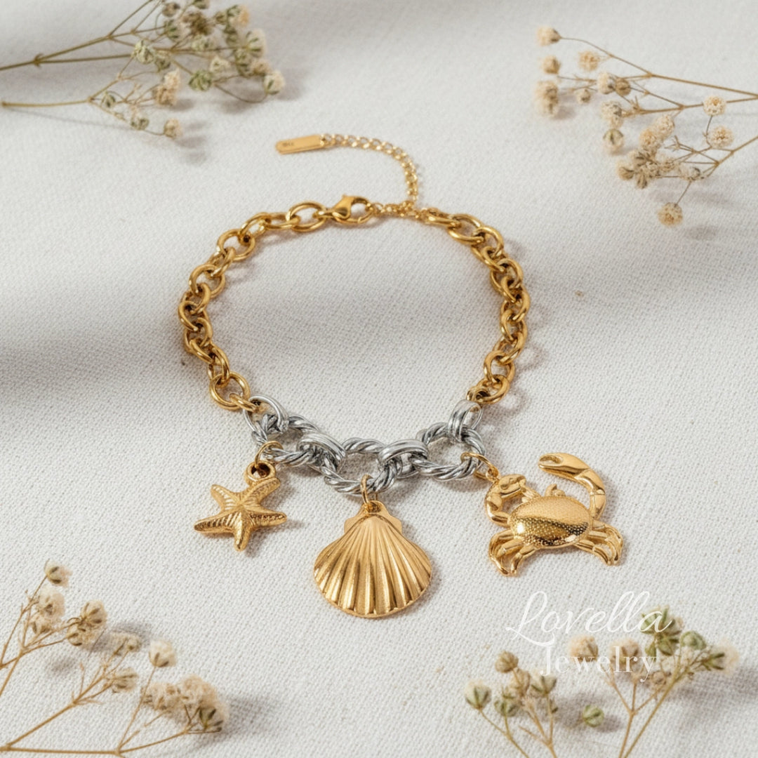 Ocean Charm Two-Tone Chain Bracelet (Starfish, Shell & Crab)
