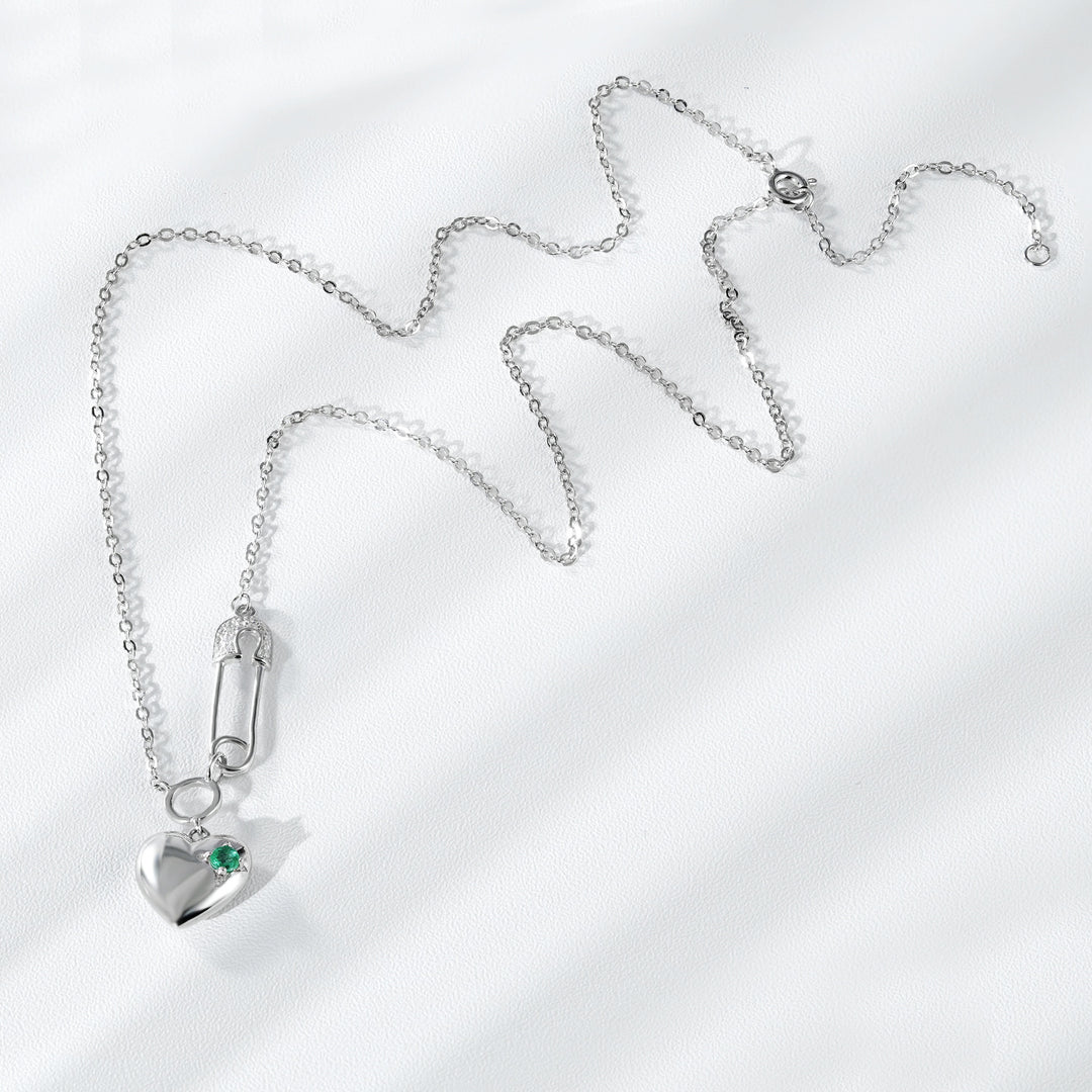 Chic Safety Pin & Heart Pendant Necklace with Green Crystal