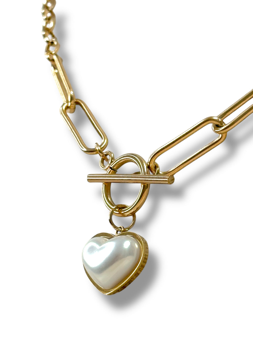 Gold Chain Necklace with Pearl Heart Pendant – Modern Toggle Design