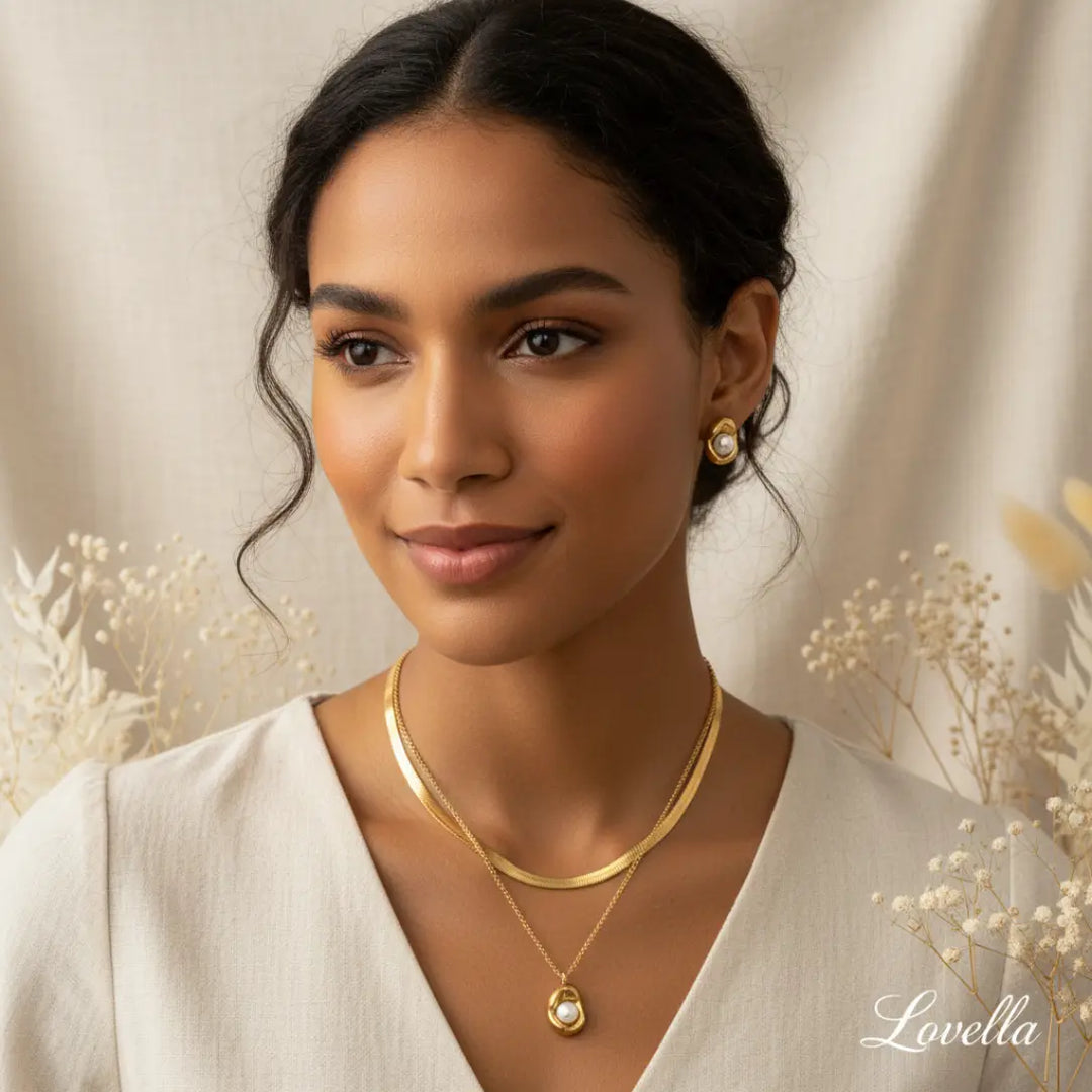 Molten Pearl Set (Gold) — Layered Necklace + Stud Earrings