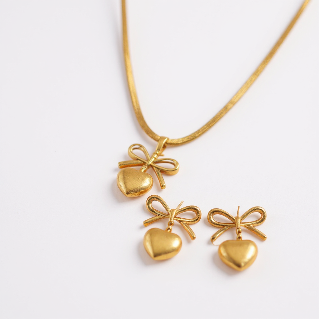 Golden Bow Heart Set – Necklace & Earrings