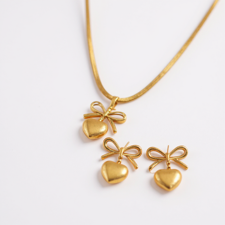 Golden Bow Heart Set – Necklace & Earrings