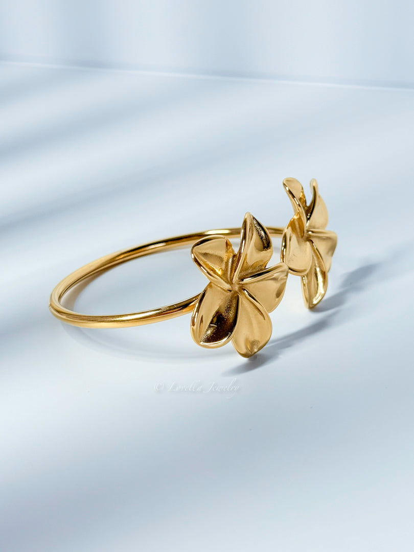 Golden Plumeria Flower Cuff Bracelet