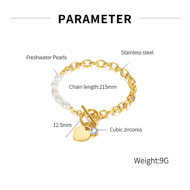 Elegante pulsera con dije de corazón de oro y perlas