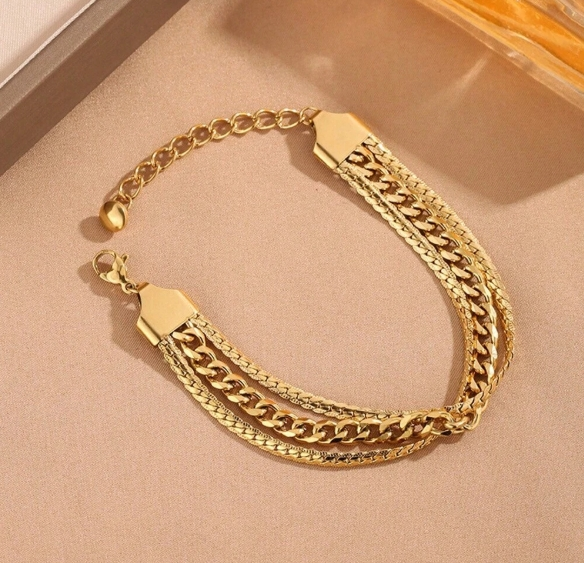 Layered Gold-Tone Chain Bracelet – Stainless Steel Adjustable Design