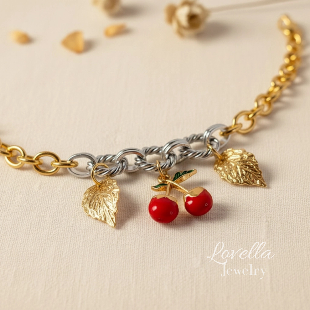 Cherry Charm Two-Tone Rope Link Bracelet