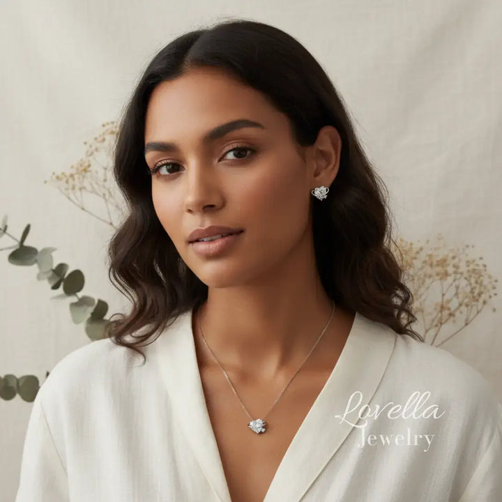 Woman wearing jewelry with 'Lavella Jewelry' branding against a neutral background