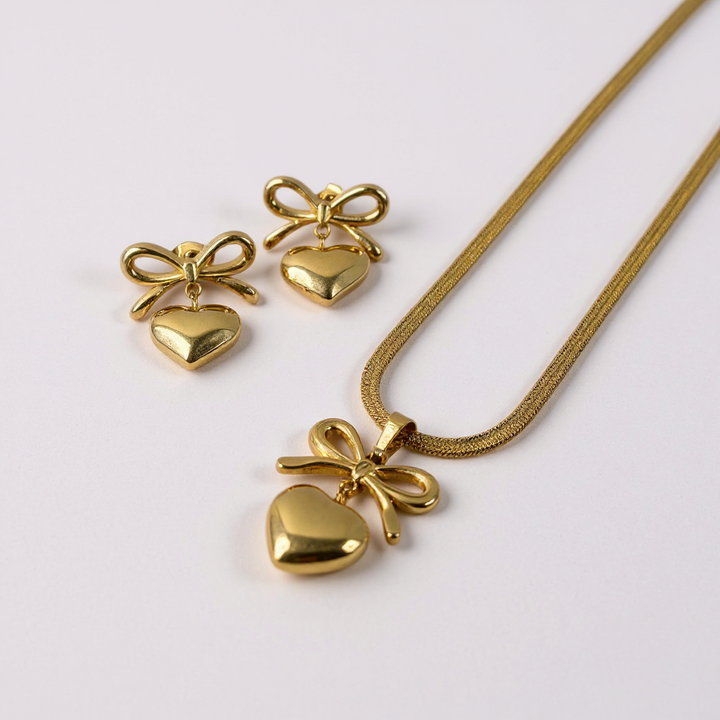 Golden Bow Heart Set – Necklace & Earrings