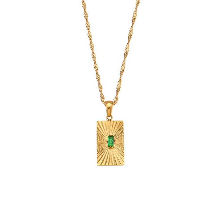 18k Gold Plated Stainless Steel Necklace with Rectangular Pendant and Cubic Zirconia