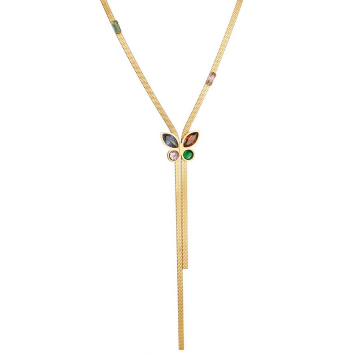 Golden Butterfly Pendant Necklace with Multicolored Gemstones