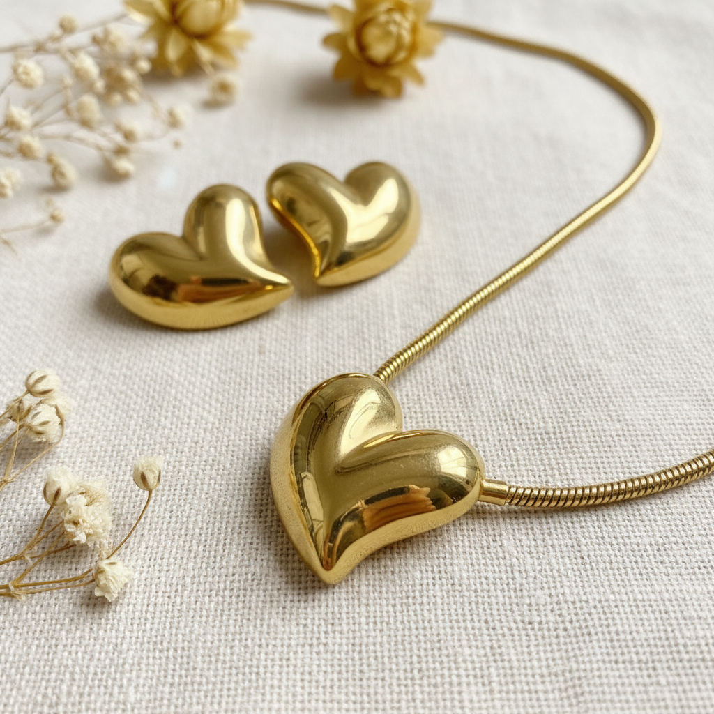Gold Puffy Heart Necklace & Stud Earrings Set